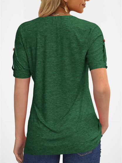 Casual Short-Sleeve Blouse for Women with a Solid Color, Featuring a Pleated Design, Buttoned V-Neck, And a Zipper