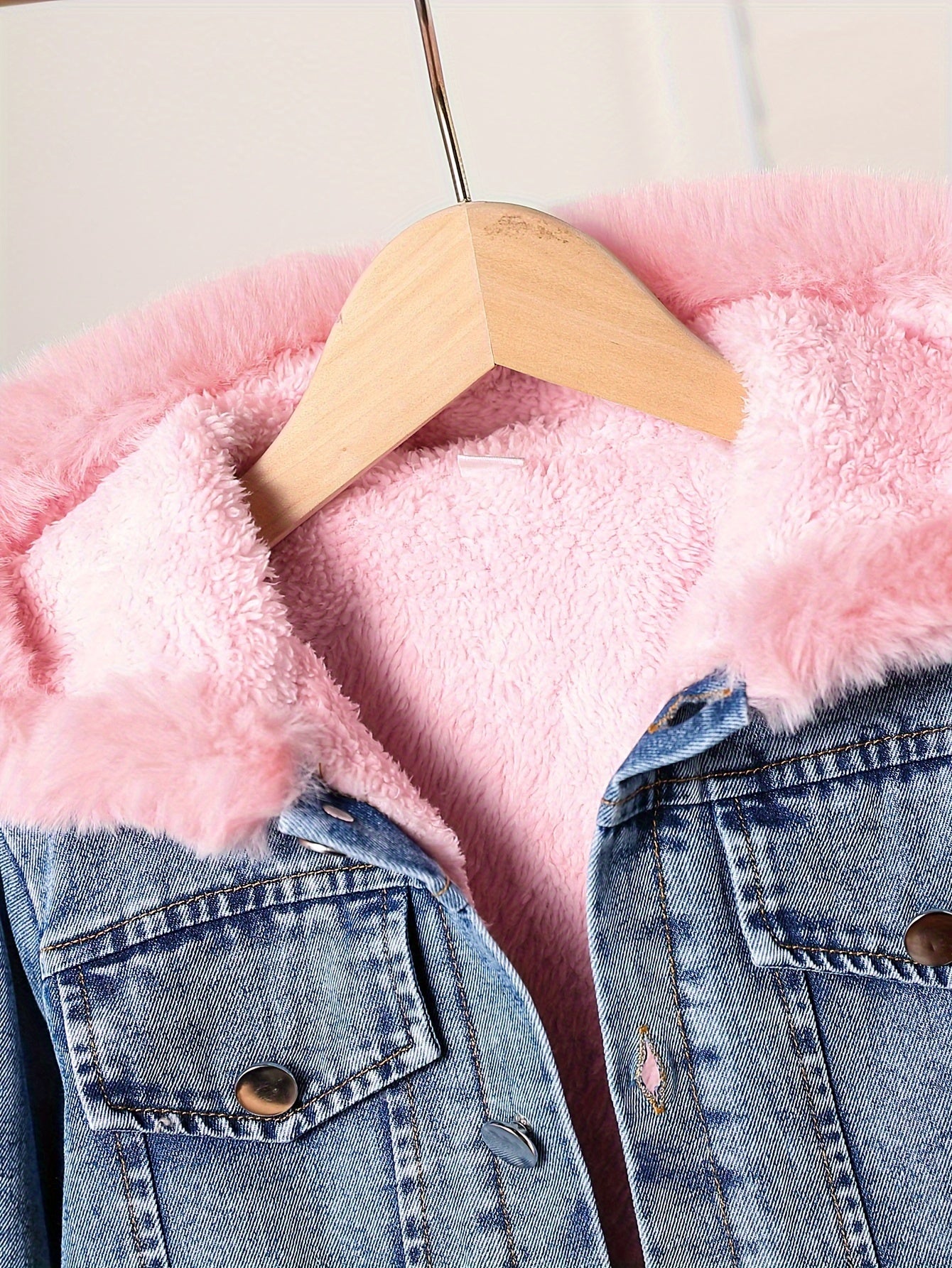 Girls' Patchwork Plush Button Hooded Denim Jacket, CasualLong-sleeved Hooded Jacket for Autumn And Winter, ChildrenDaily Wear, Suitable for Outdoor Activities And Parties