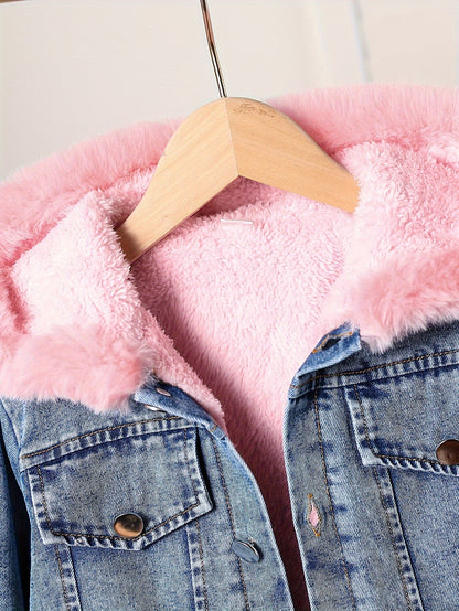 Girls' Patchwork Plush Button Hooded Denim Jacket, CasualLong-sleeved Hooded Jacket for Autumn And Winter, ChildrenDaily Wear, Suitable for Outdoor Activities And Parties