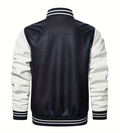 Plus Size Men'S Letter "R" Print PU Jacket for Spring/Autumn, Oversized Punk Raglan Baseball Jacket for Big & Tall Males, Men'S Clothing
