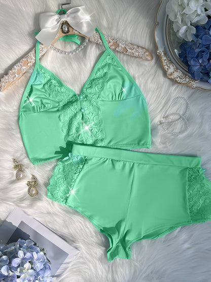 Spring/Summer New Gift Set: Solid Color Lace Trim Halter Neck Tie-Back Button-Up Open-Back Lace Trim Soft Skin-Friendly Sexy Home Sleepwear Set