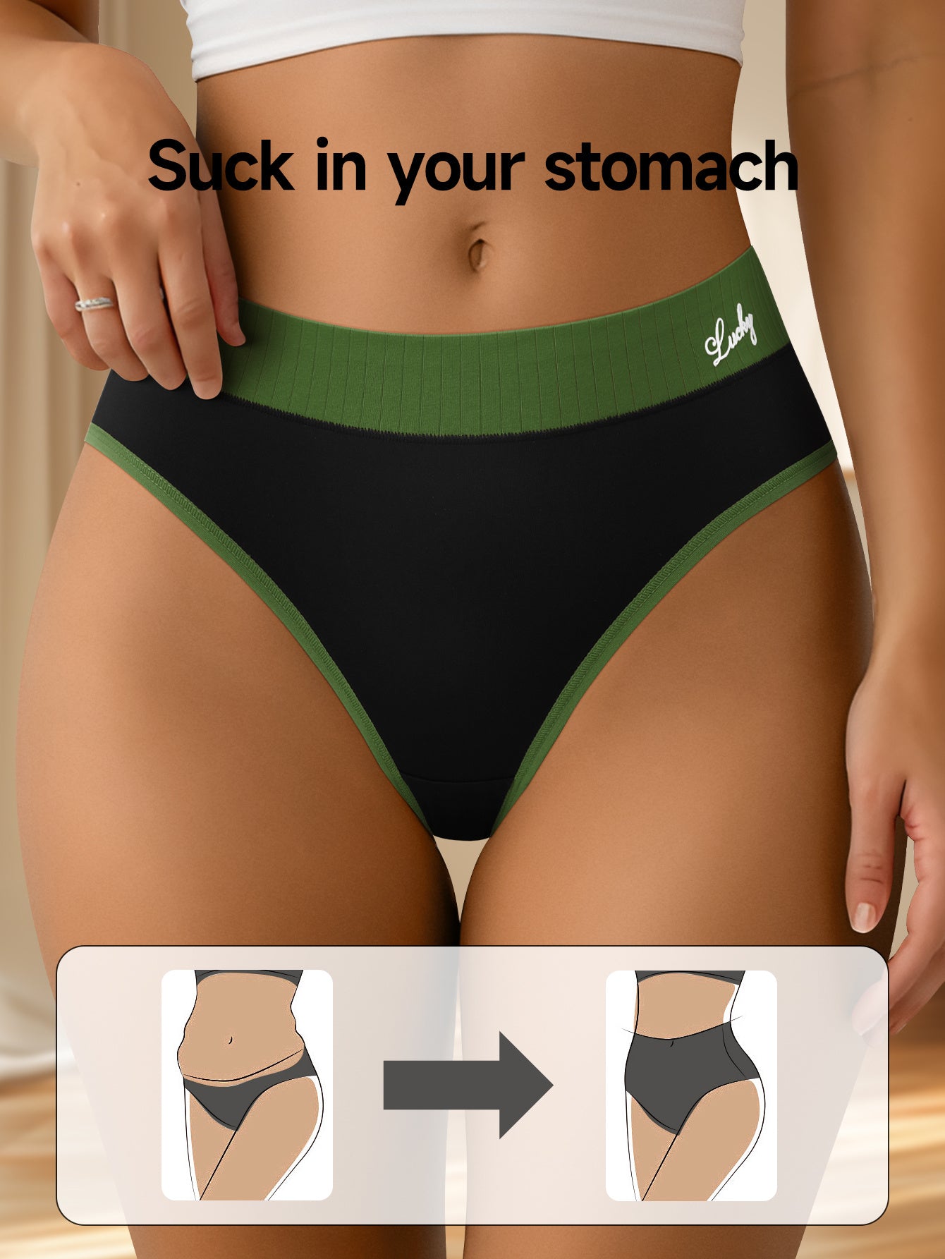 5pcs Women'S Colorblock Sliky Fiber Fabric Briefs - Breathable, High-Elasticity, No-Show Underwear, Comfort Fit, Mid-Rise, Letter Pattern, Black & Neon Green, Sexy Briefs | Midrise Underwear | Smooth Texture