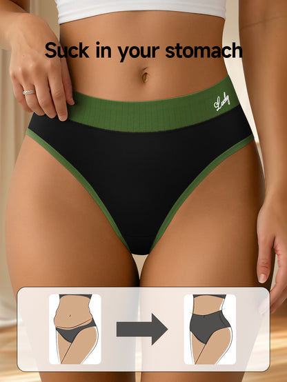 5pcs Women'S Colorblock Sliky Fiber Fabric Briefs - Breathable, High-Elasticity, No-Show Underwear, Comfort Fit, Mid-Rise, Letter Pattern, Black & Neon Green, Sexy Briefs | Midrise Underwear | Smooth Texture
