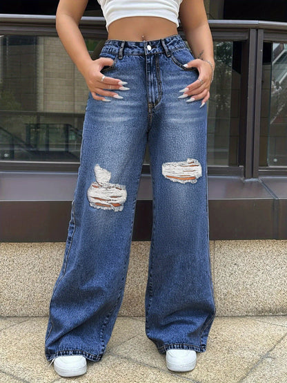 KUYIGO Women'S Pocket Detail Distressed Straight Loose Casual Denim Jeans