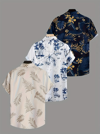 3pcs Men's Tropical Floral & Palm Tree Print Short Sleeve Shirts - Casual, Comfortable Summer Button-Up Dress Shirts in Black, White, & Beige - Perfect Gift for Him