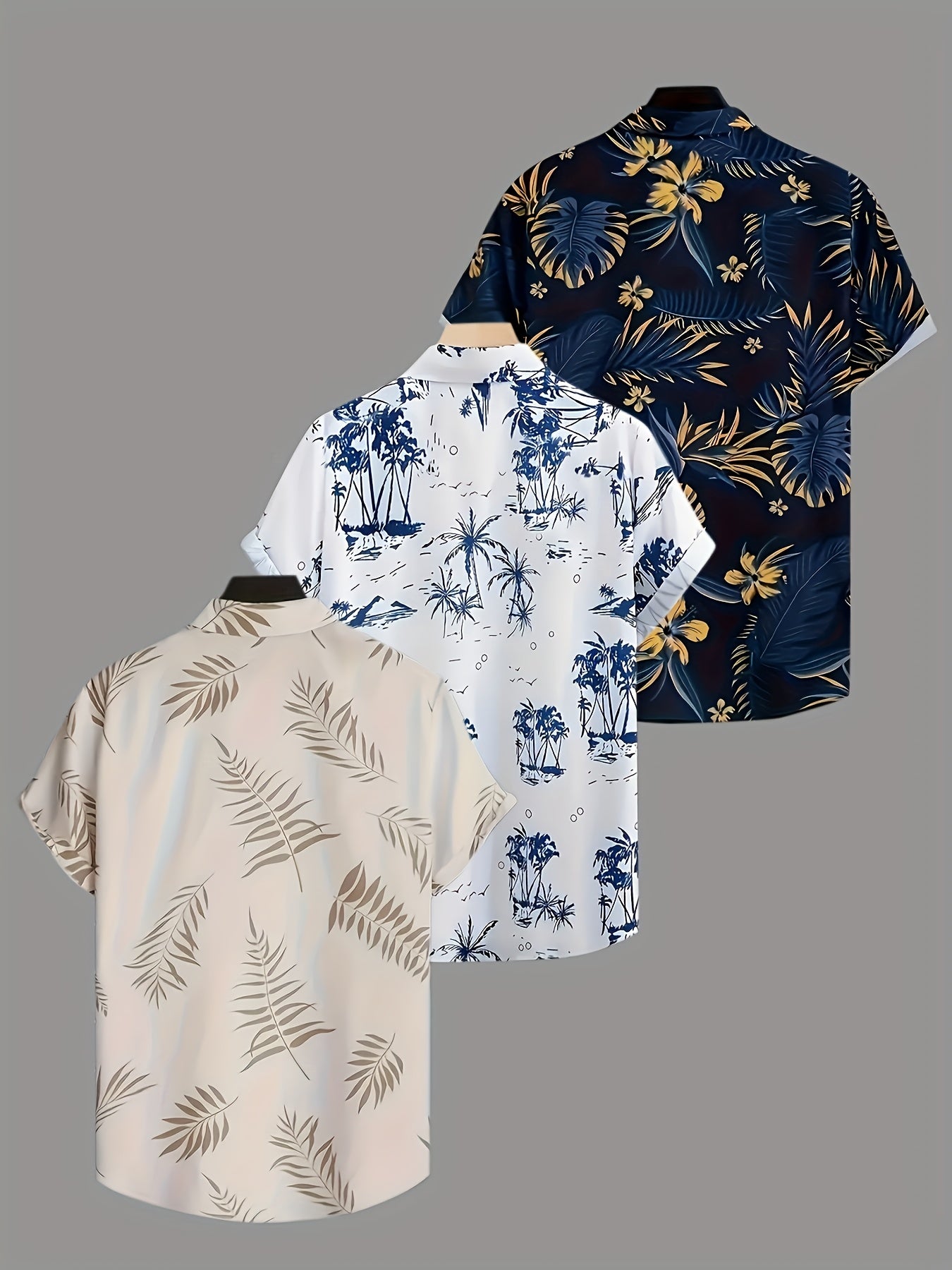 3pcs Men's Tropical Floral & Palm Tree Print Short Sleeve Shirts - Casual, Comfortable Summer Button-Up Dress Shirts in Black, White, & Beige - Perfect Gift for Him