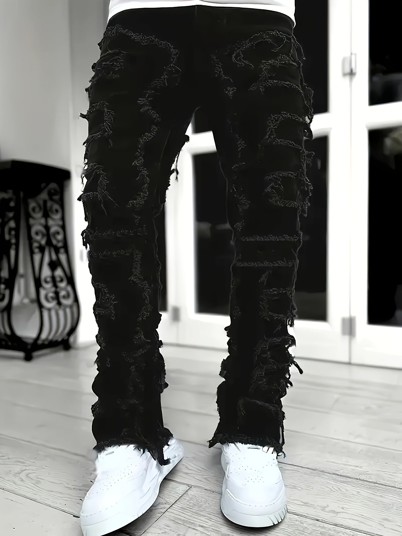 Men's Slim-Fit Straight-Leg Distressed Jeans with Tassel Details - Y2K Streetwear Hip-Hop Skateboard Style Stretch Denim, Machine-Washable All-Season Casual Pants, Casual Wear | Y2K Fashion | Faded Jeans