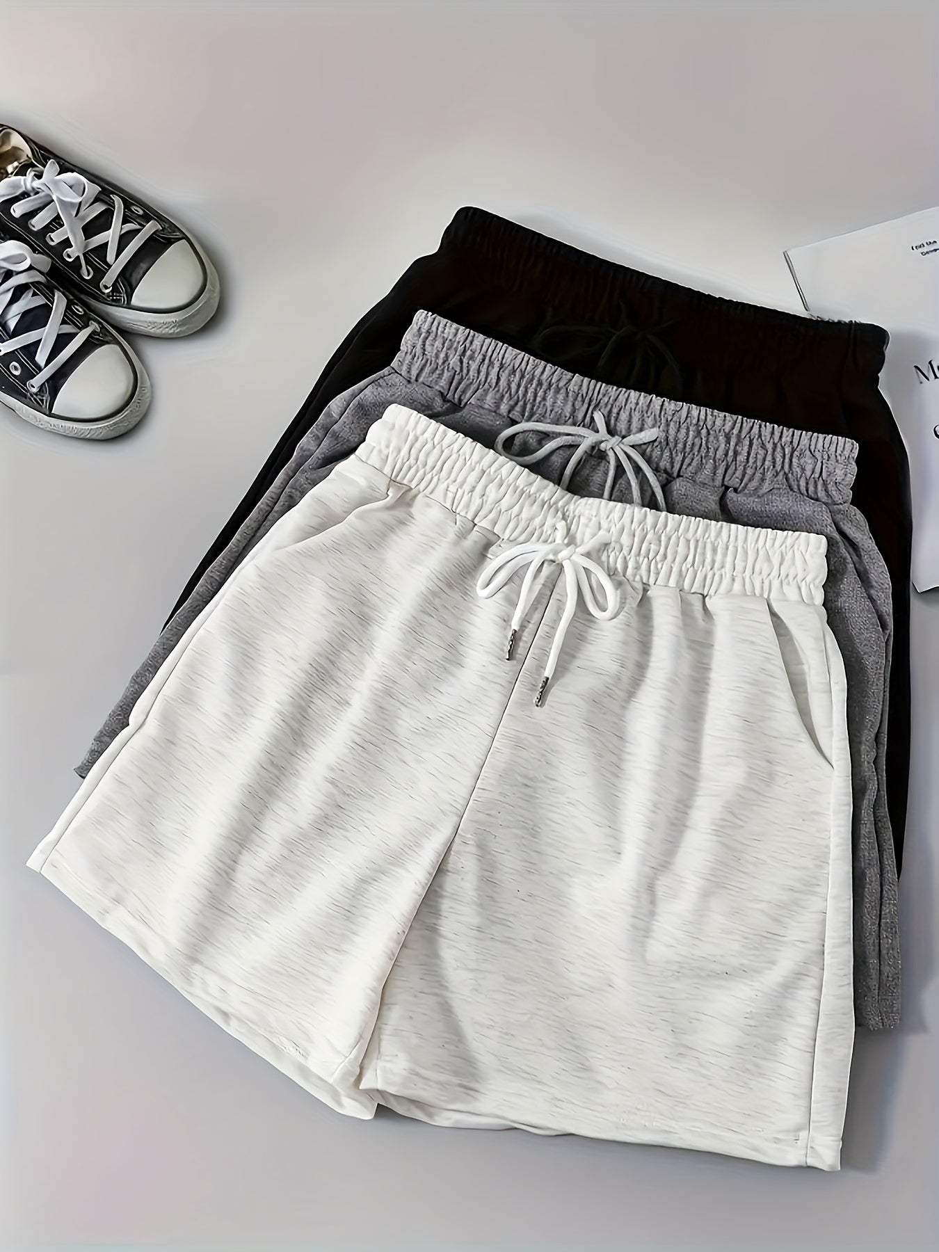 2026 3pcs Set Of Women's Casual Knitted Shorts, Solid Color, Double Pockets, Drawstring Waist, Game Day Outfit, Football Fan Gear For All Fans