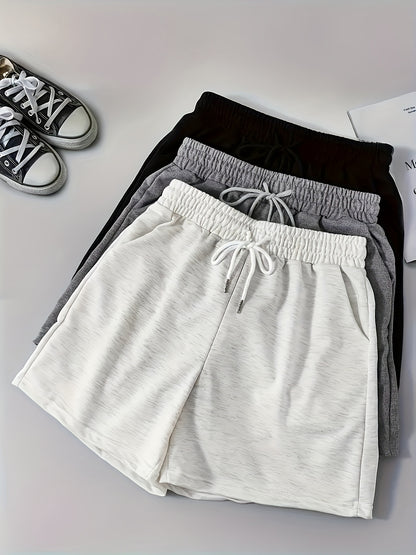 2026 3pcs Set Of Women's Casual Knitted Shorts, Solid Color, Double Pockets, Drawstring Waist, Game Day Outfit, Football Fan Gear For All Fans
