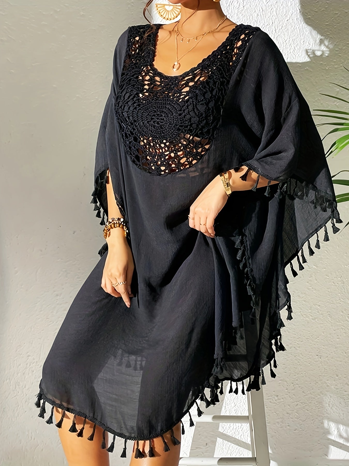 Women's Sexy Crochet Batwing Sleeve Tassel Hem Top - Black Hollow Out Design, Resort Wear Beach Cover-Up, Lightweight Polyester, Perfect for Spring & Summer
