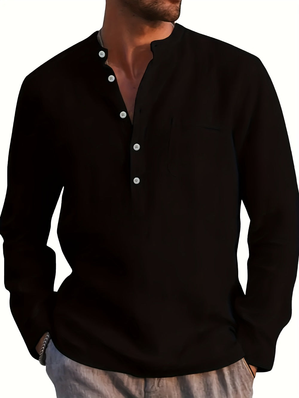 Men's Solid Plus Size Long Sleeve Casual Shirt - Stretch