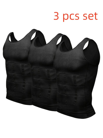 3pcs Pack Men's Compression Shaping Vest - Tummy Control Slimming Shirt, Muscle Enhancing Workout Tank Top Suitable for Gym, Post-Surgery & Casual Attire - Discreet Shapewear (Machine Washable)