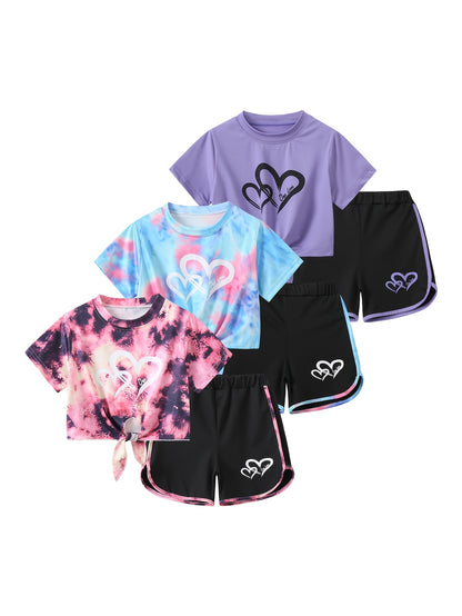 6pcs, Girls Love Print Camouflage Design Short Sleeve Athletic Shorts Summer Suit, for Outdoor