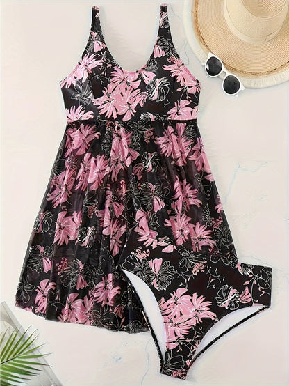 Ladies' Sexy Black and Pink Flower Plus-size Tankini Swimsuit Set, Deep V Halter Sexy Push-up Design, A-line Skirt Hem Tummy Control and Figure-flattering, Vacation Style Ladies' Swimsuit