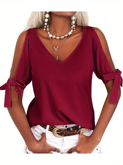 Women's Cold Shoulder Tops Short Sleeve V-Neck Casual Loose Cutout Summer Fashion Tshirts Blouse Shirts