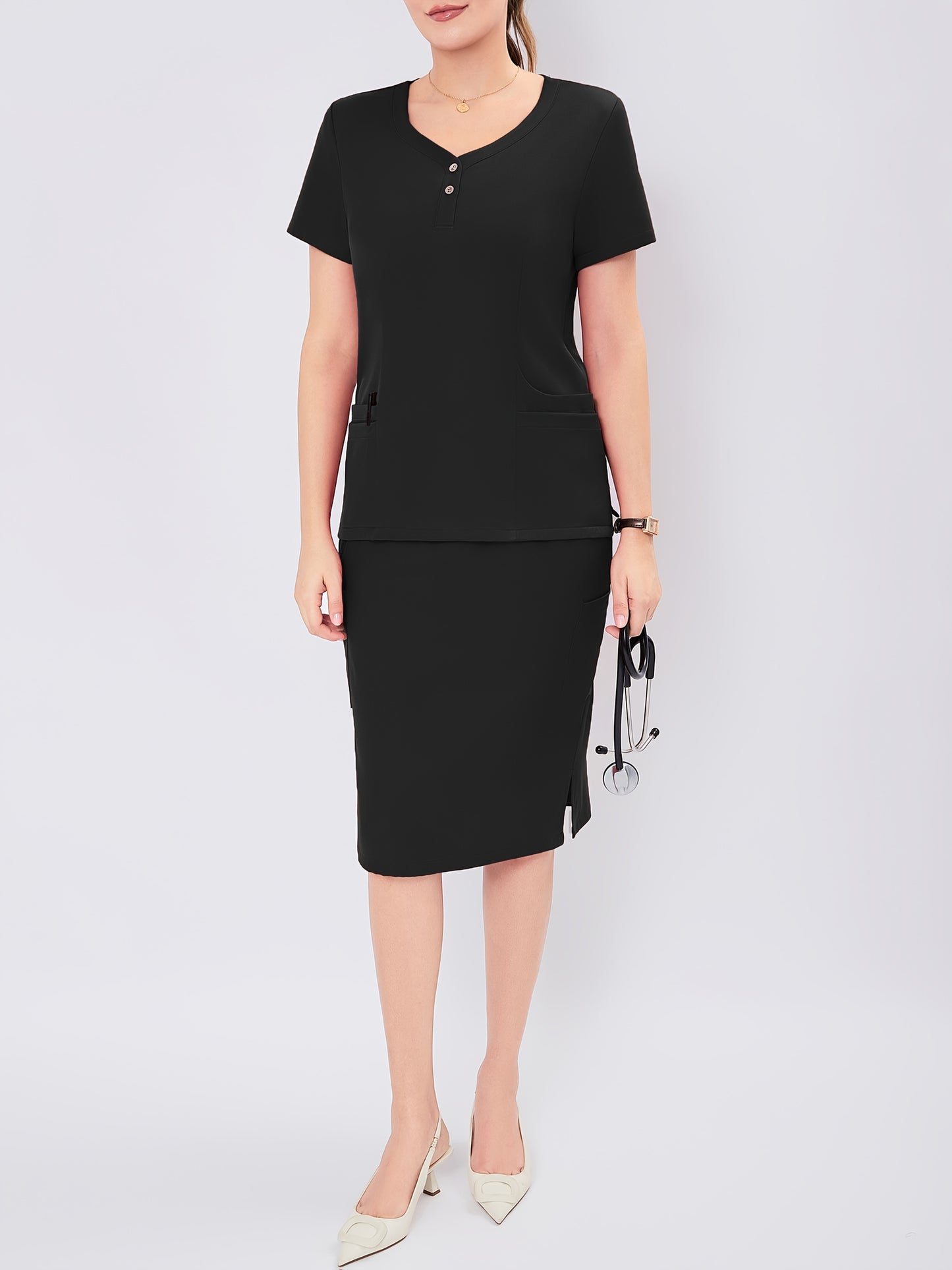Women's V-Neck Button-Up Scrub Set, Fashionable Short Sleeve Beauty Salon Medical Hand Wash Uniform, Polyester Blend, Casual Style, Regular Fit, Solid Color, Straight Sleeve, Knee-Length Skirt with Pockets, Pullover Top