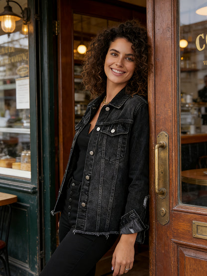 Women's Ripped Washed Button-Up Denim Jacket Coat with Pockets, Casual Classic Distressed Denim Outerwear TZ001