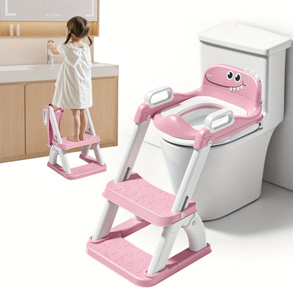 2-In-1 Potty Training Toilet Seat with Detachable Triangular Stable Base, Anti-Splash Protection, Non-Slip Mat And Step Stool - Dinosaur Pattern Color Options, Durable PVC Material for Toddlers, Potty Training Seat