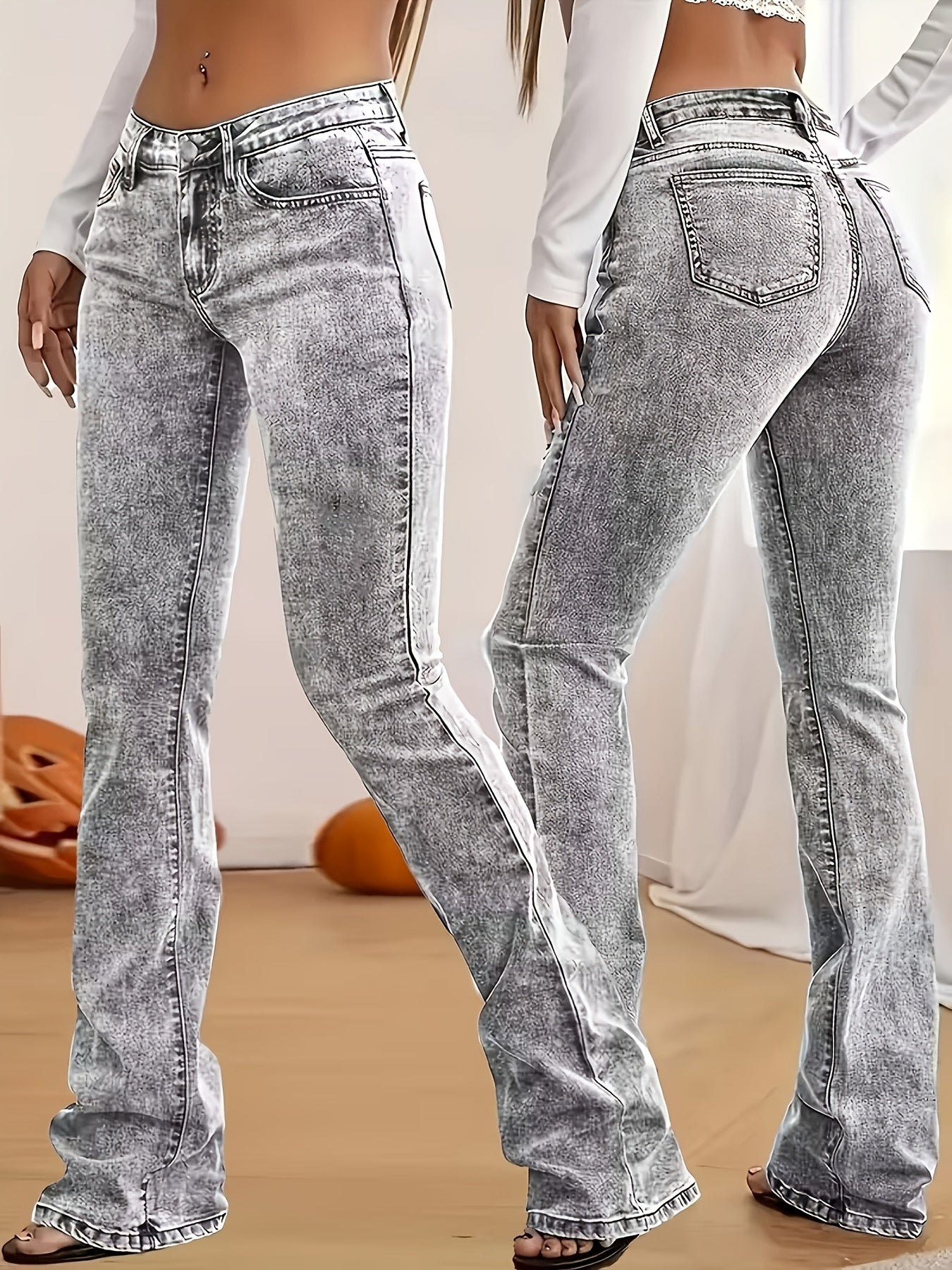 1pc Fashionable Slim-Fit Stretchy Flared Pants 8150 Casual Style, Medium Stretch Fabric, Washed Solid Color, Long Length, Low Waist, Button Fly Closure, Suitable For Weekend Casual