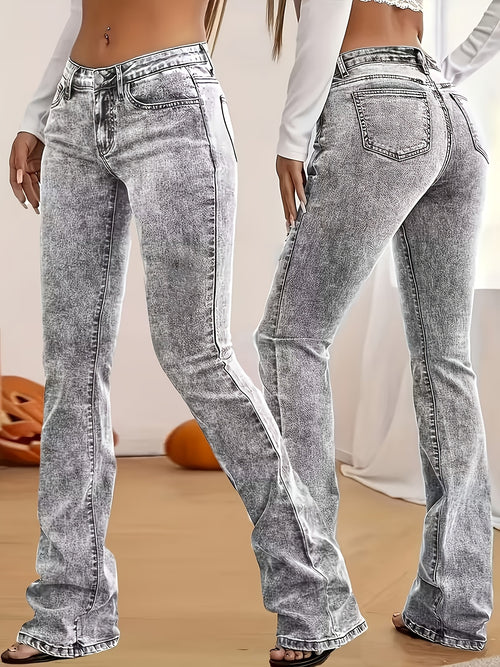 1pc Fashionable Slim-Fit Stretchy Flared Pants 8150 Casual Style, Medium Stretch Fabric, Washed Solid Color, Long Length, Low Waist, Button Fly Closure, Suitable For Weekend Casual