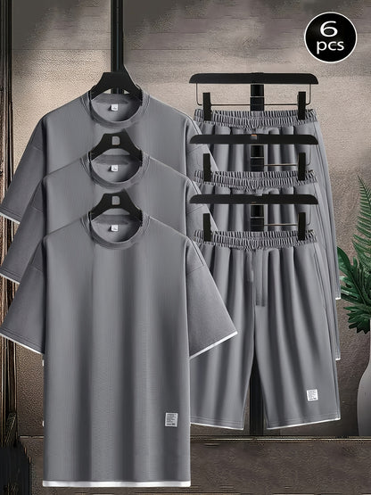 6pcs Waffle Knit Men's Loungewear Set: Soft and Comfortable Short-Sleeve Top + Shorts Pajama Set, Short Sleepwear Combo with Elastic Waist, Suitable for Wearing Outdoors