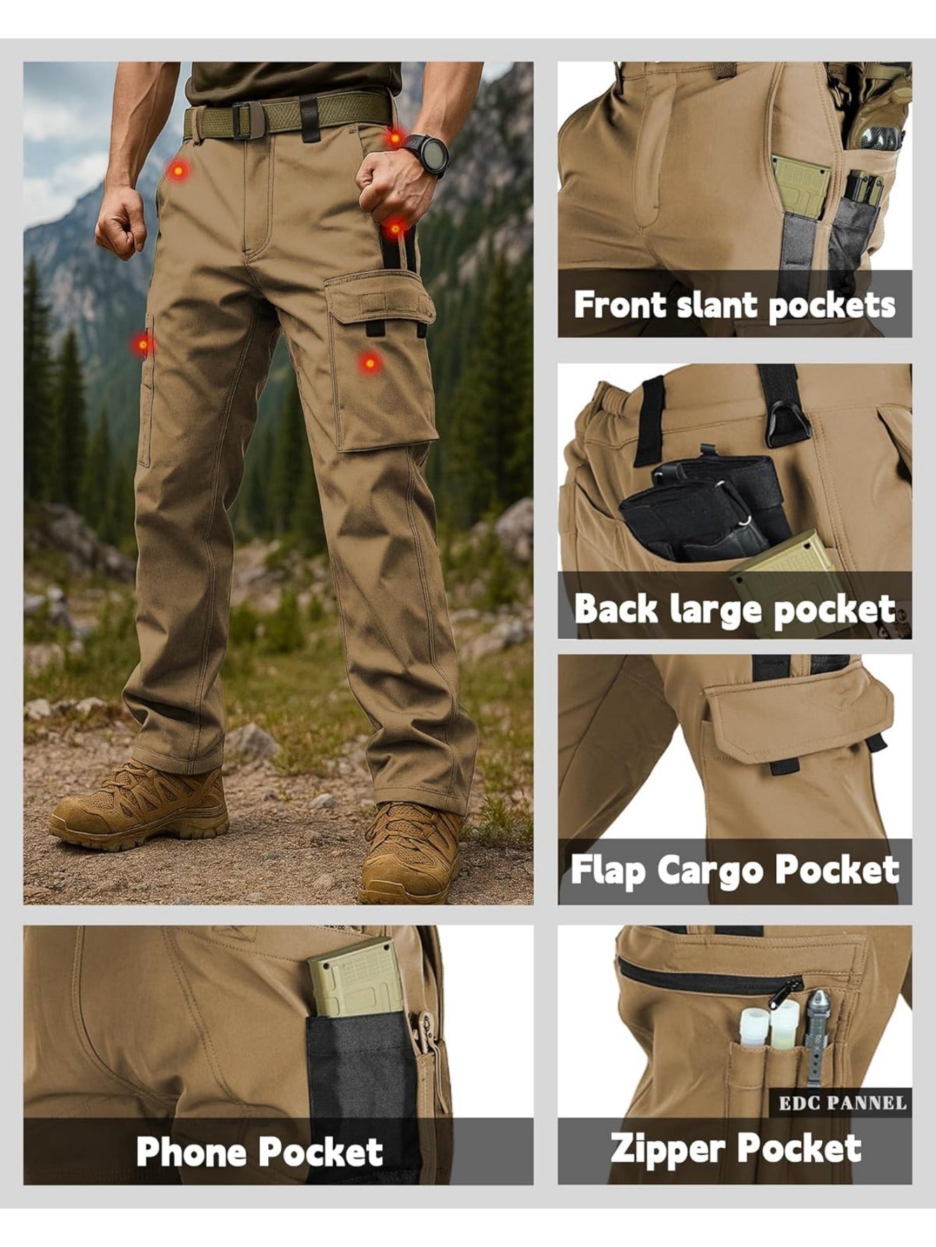 Men'S Fleece Lined Snow Ski Pants Windproof Softshell Tactical Pants Winter Outdoor Hiking Fishing