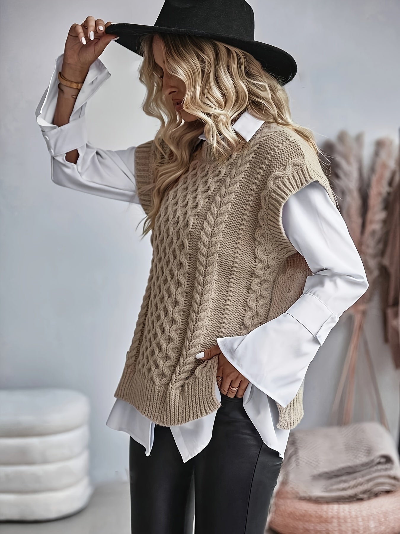 Women's Cable Sweater Vest - Sleeveless Round Neck Slit Hem Blouse, Solid Color Medium-Elastic Knitwear for Spring Summer Fall Layering, Casual & Semi-Formal Wear (Hand Washable)