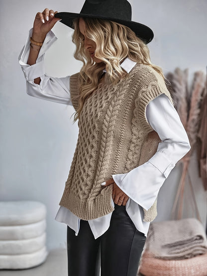 Women's Cable Sweater Vest - Sleeveless Round Neck Slit Hem Blouse, Solid Color Medium-Elastic Knitwear for Spring Summer Fall Layering, Casual & Semi-Formal Wear (Hand Washable)