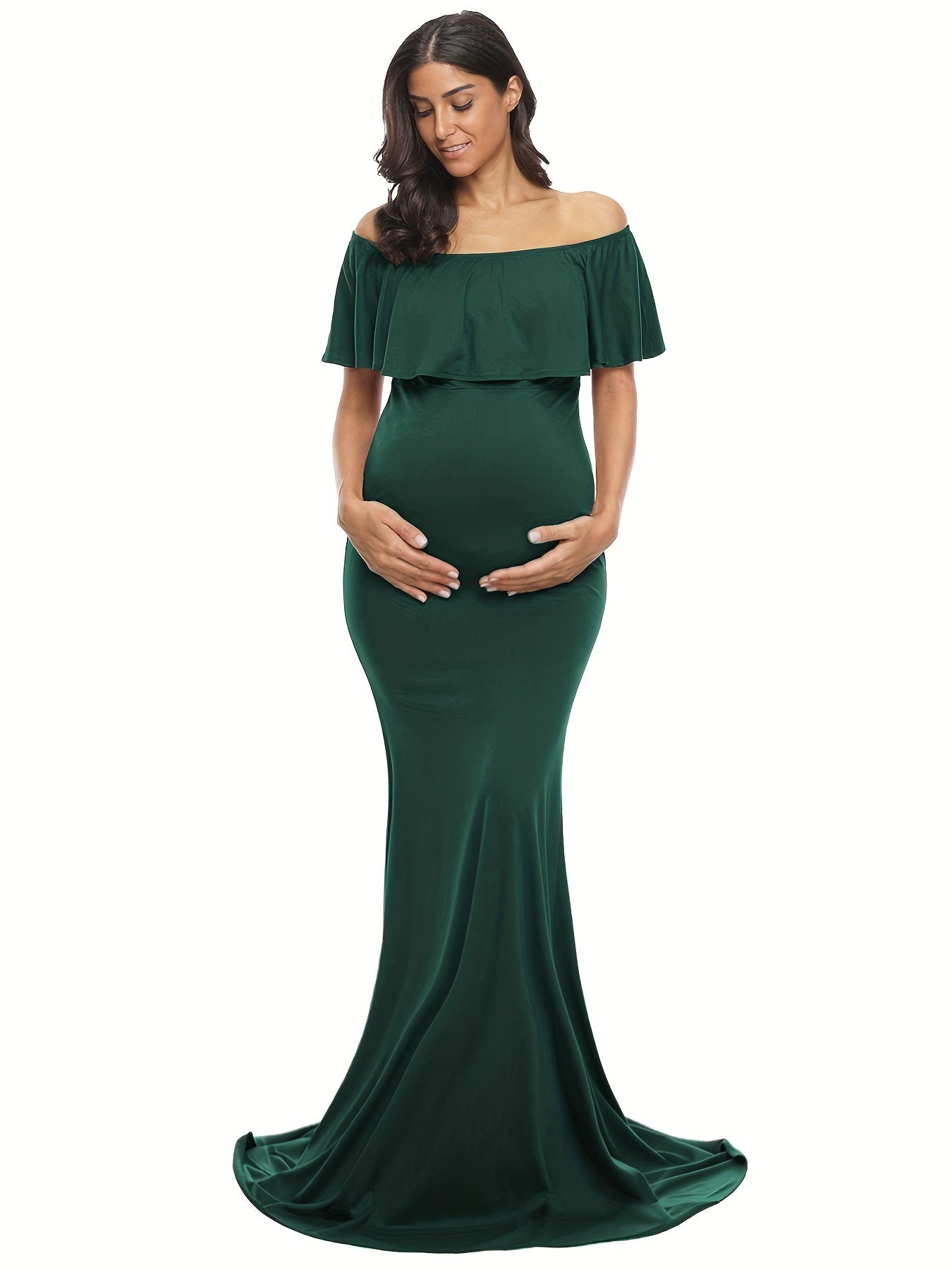 Womens Off Shoulder Maternity Dress Ruffles Elegant Slim Gowns Fit Maxi Photography Dress