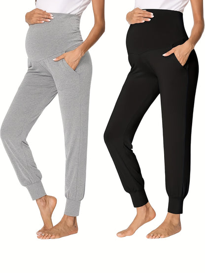 2pcs Maternity High-Waisted Stretch Pregnancy Pants - Elastic Belly Tummy Control, 7/8 Length Ankle-Length (No Cuff) for, Workouts & Casual Wear - Spring-Summer-Fall Stretchy Athletic Pants (Nine-Month Fit)