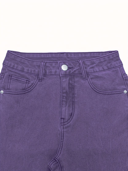 GILIPUR MH1025 Light Blue Retro High-Waist Stretch Straight Leg Women's Pants, Street Style Solid Color Long Pants with Pockets, All-Season Comfortable Stretch Fabric, Machine Washable