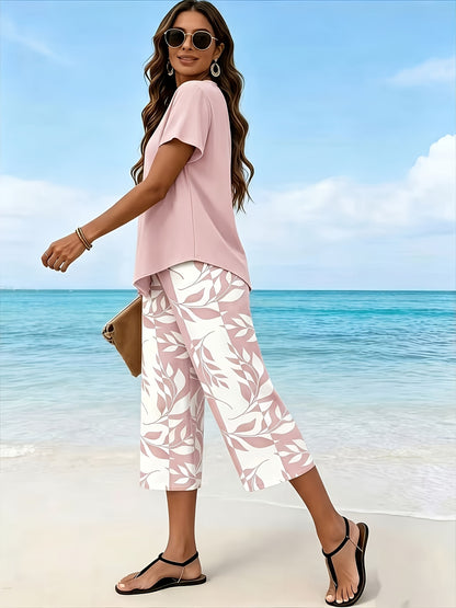 Women'S Spring/Summer Casual Two-Piece Set: Short Sleeve Round Neck Top with 7/8 Wide-Leg Pants, Loose Comfortable, Versatile for Daily Outings, Home, And Commuting