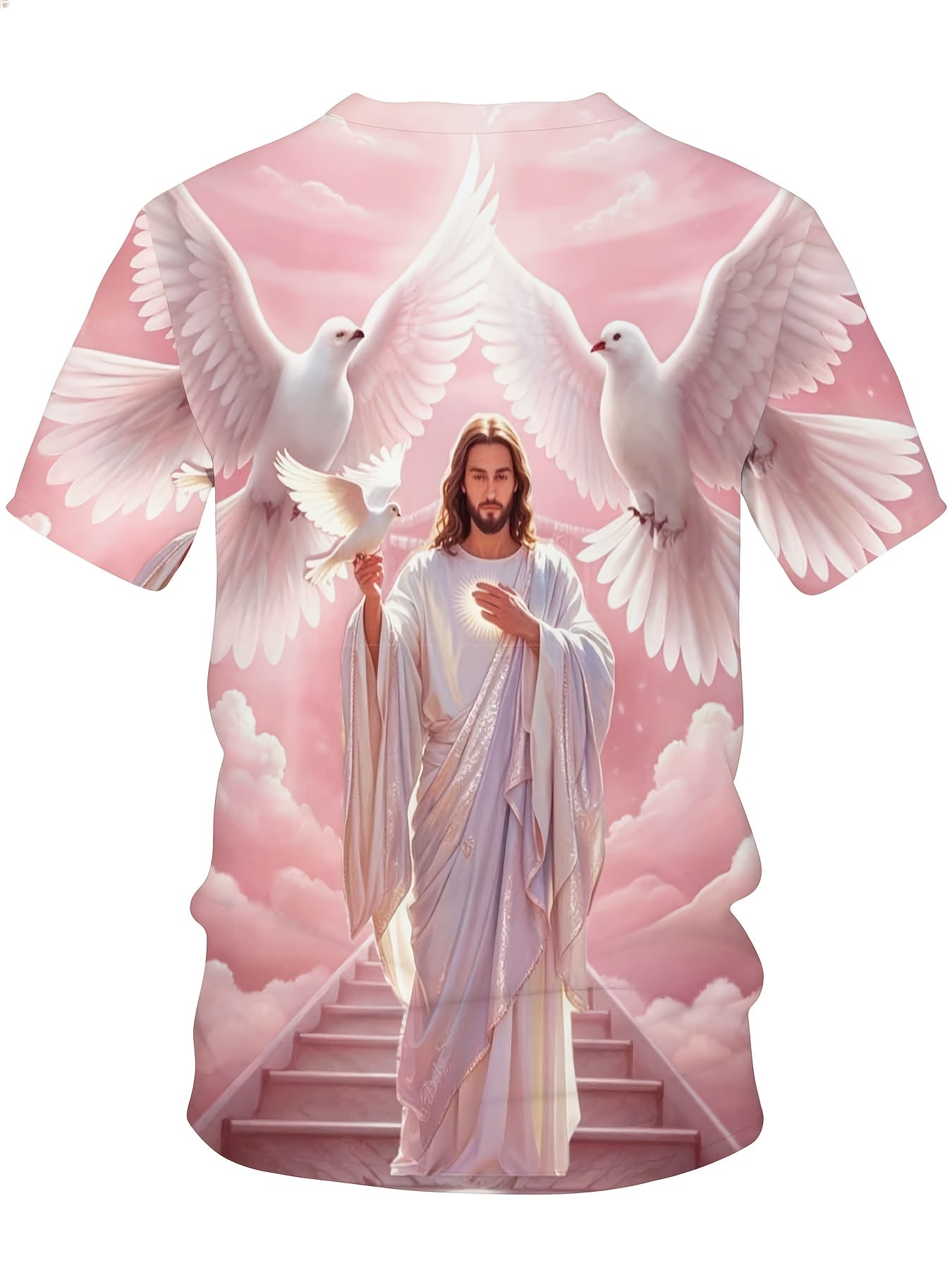 Jesus Christ With Doves And Heavenly Stairs Religious Christian T-Shirt For Men Full Print Design Faith Inspired Apparel, Plus Size