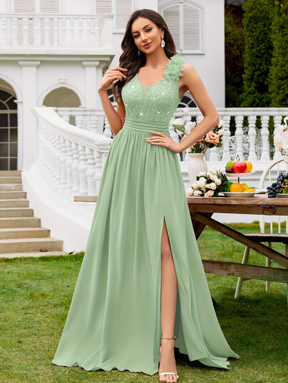 24451A Elegant Womens Mesh Deep V Neck Sequin Lace Maxi Dress, Sleeveless Applique Shoulder, Back V Neck, Ruched A Line Waist, High Thigh Slit Hem, Perfect For Formal Wedding Guest, Prom, Bridesmaid Party, Graduation Season, Wedding Season
