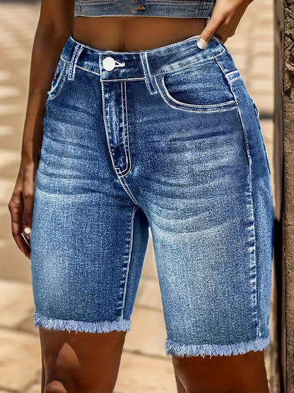Women's High Elasticity High Waist Denim Shorts - Retro Blue Star Striped Embroidery, Slim Fit Mid-Length Casual Shorts with Button Closure, Machine Washable for Spring/Summer, Spring Fashion, Embroidered Details, Comfortable Fit, Summer Wardrobe