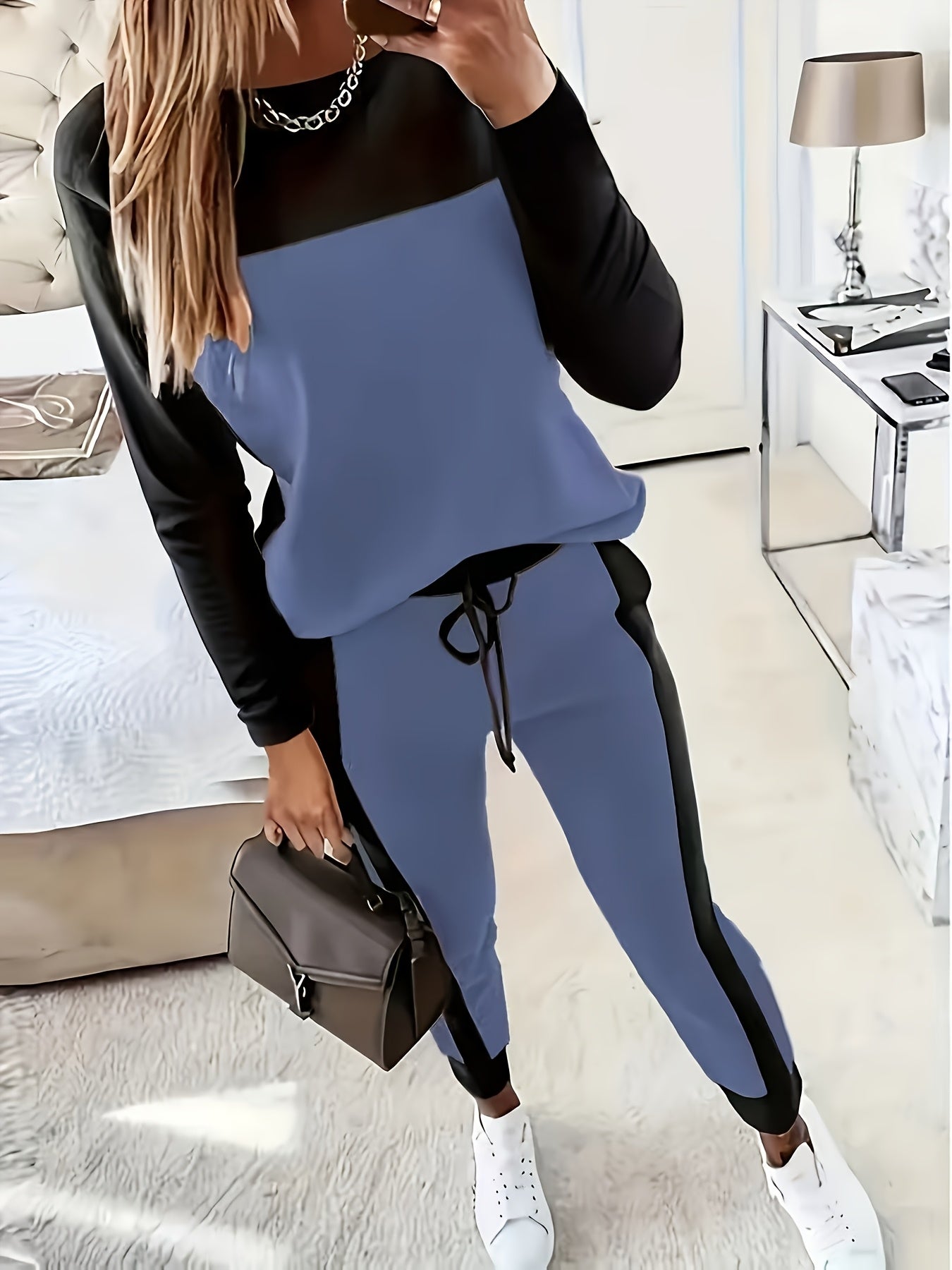 Fashionable Autumn And Winter Casual Elegant Color-block Round-neck Long-sleeve T-shirt with Pants Two-piece Set
