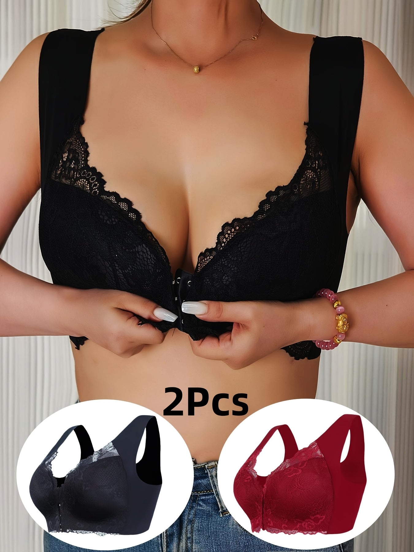 2pcs Elegant Floral Lace Push-Up Bra - Comfortable Steel-Free Design with Medium Support, Stylish Front Closure, Wide Straps And Jacquard Pattern - Perfect for Adult Women for Daily Wear, at Home, Dating And Other Occasions