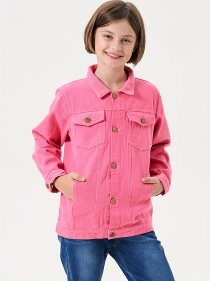 Girls' Pink denim Jacket - Soft & Stretchy Kids Coat with Button Front, Turn- Collar - Ages 5-14 Years (Sizes 6, 8, 10, 12, 14) - Casual Everyday & Formal Outfits - Easy-Care Button Closure Jacket, Children's Outerwear, Skinfriendly Fabric