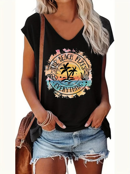 Casual Tank Top Featuring a Letter And Coconut Tree Design, Perfect for Summer And Spring with Cap Sleeves, Suitable for Women'S Wear