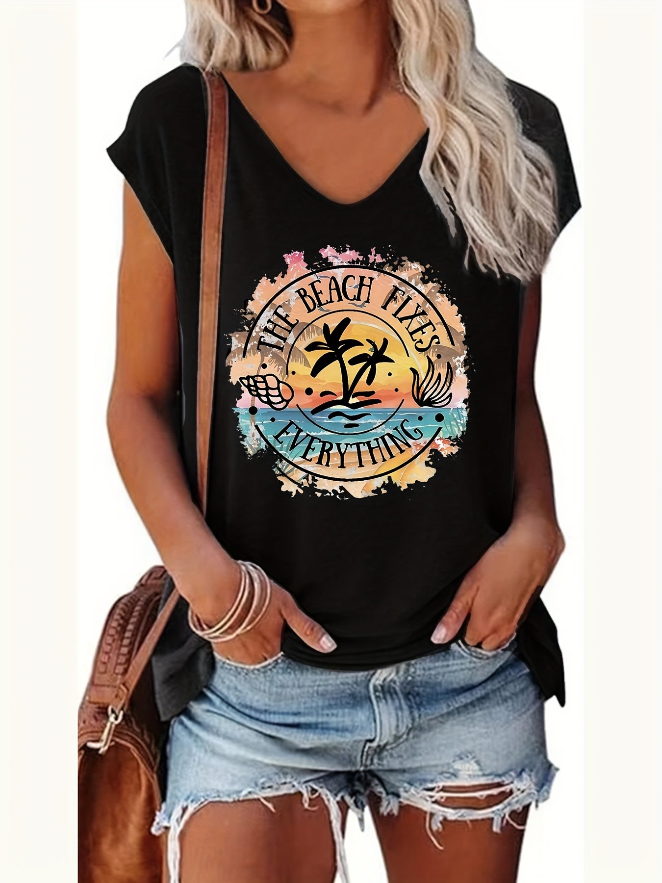 Casual Tank Top Featuring a Letter And Coconut Tree Design, Perfect for Summer And Spring with Cap Sleeves, Suitable for Women'S Wear