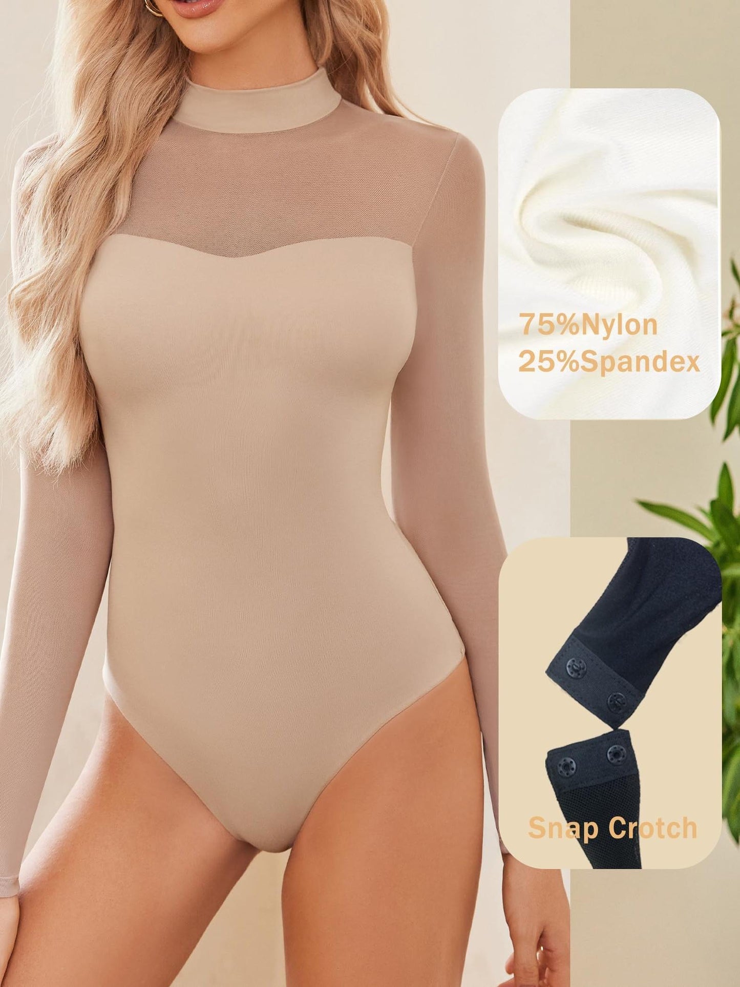 Sexy Mock Turtle Neck Sheer Mesh Long Sleeve Bodysuit Shirts Ruched Body Suit Leotard Tops