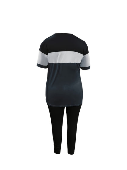 Women's Casual Two-Piece Outfit "BLESSED" Letter Print Color-Block T-Shirt And Pocket Pants Set