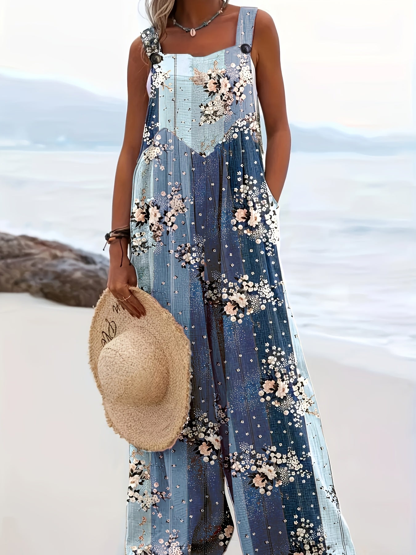 Plus Size Women's Floral Print Pocket Jumpsuit - Casual Button Front Wide-Leg Overalls, Perfect for Spring & Summer Beach Outings, Spring Fashion | Buttonfront Jumpsuit | Breathable Fabric