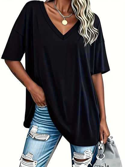 Two-Piece Set, Women'S Casual V-Neck Short-Sleeve Top- Loose Fit Stretchy T-Shirt, Solid Color, Machine Washable, Versatile And Comfortable for Spring And Autumn