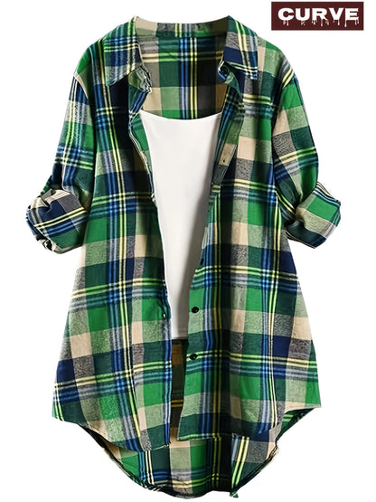Plus Size, Large Size Spring Summer Women's Fashion New Daily Casual Plaid Long Sleeve Button Ladies Shirt