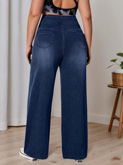 Women's Plus Size High-Waisted Wide-Leg Denim Pants - Stretch Elastic Waistband Beltless -Line Trousers, Wash-Finished Solid Blue Jeans Suitable for All-Season Casual Wear, Office, Everyday Outfits (Machine Washable)