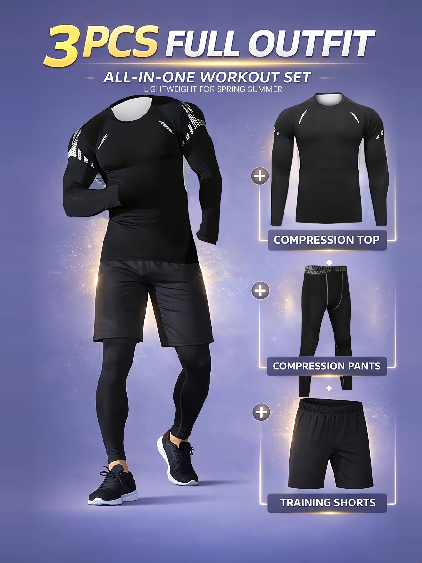 3pcs Men'S Quick-drying CompressionSports, Suit Summer Gym Running Training Clothes, High Elastic Breathable Morning And Night Running Cycling Mountaineering Hiking Fitness Sportswear, Fishing Sun Shirt, Father'S Day Gifts