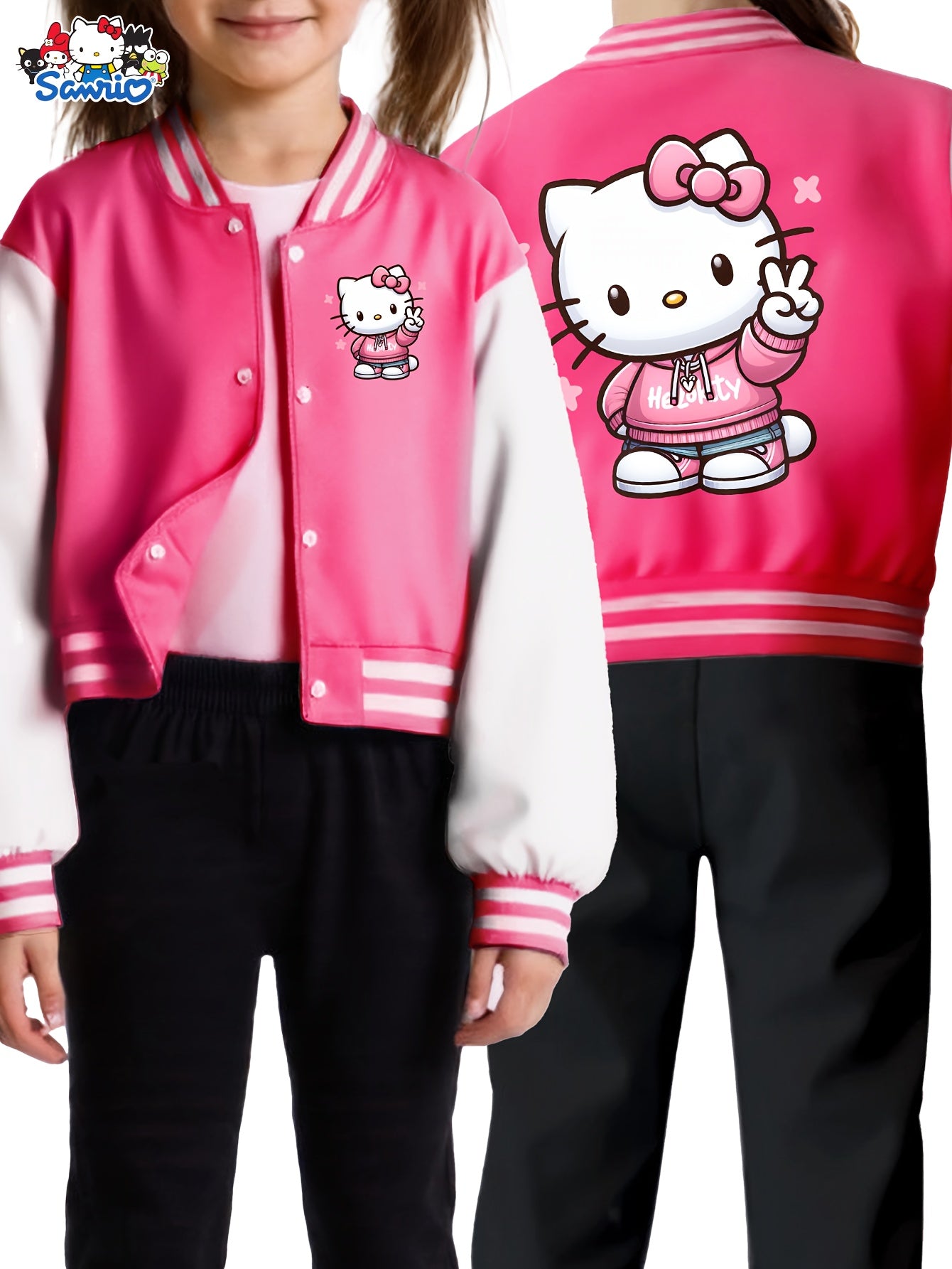 Sanrio Hello Kitty Girls' Cute Kawaii Jacket - Double-Sided Hello Kitty Print Varsity Coat with Button Closure, Warm Winter Outerwear Suitable for, Playdates & Themed Parties (Iconic KT Character)