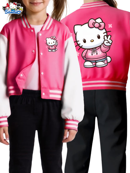 Sanrio Hello Kitty Girls' Cute Kawaii Jacket - Double-Sided Hello Kitty Print Varsity Coat with Button Closure, Warm Winter Outerwear Suitable for, Playdates & Themed Parties (Iconic KT Character)
