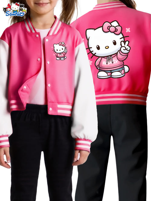 Sanrio Hello Kitty Girls' Cute Kawaii Jacket - Double-Sided Hello Kitty Print Varsity Coat with Button Closure, Warm Winter Outerwear Suitable for, Playdates & Themed Parties (Iconic KT Character)